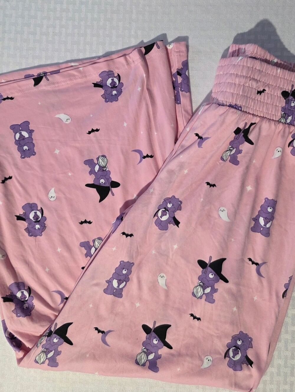 NWOT munki munki Pink Wide Leg Pajama/Louge Pants with Purple Care Bear Print